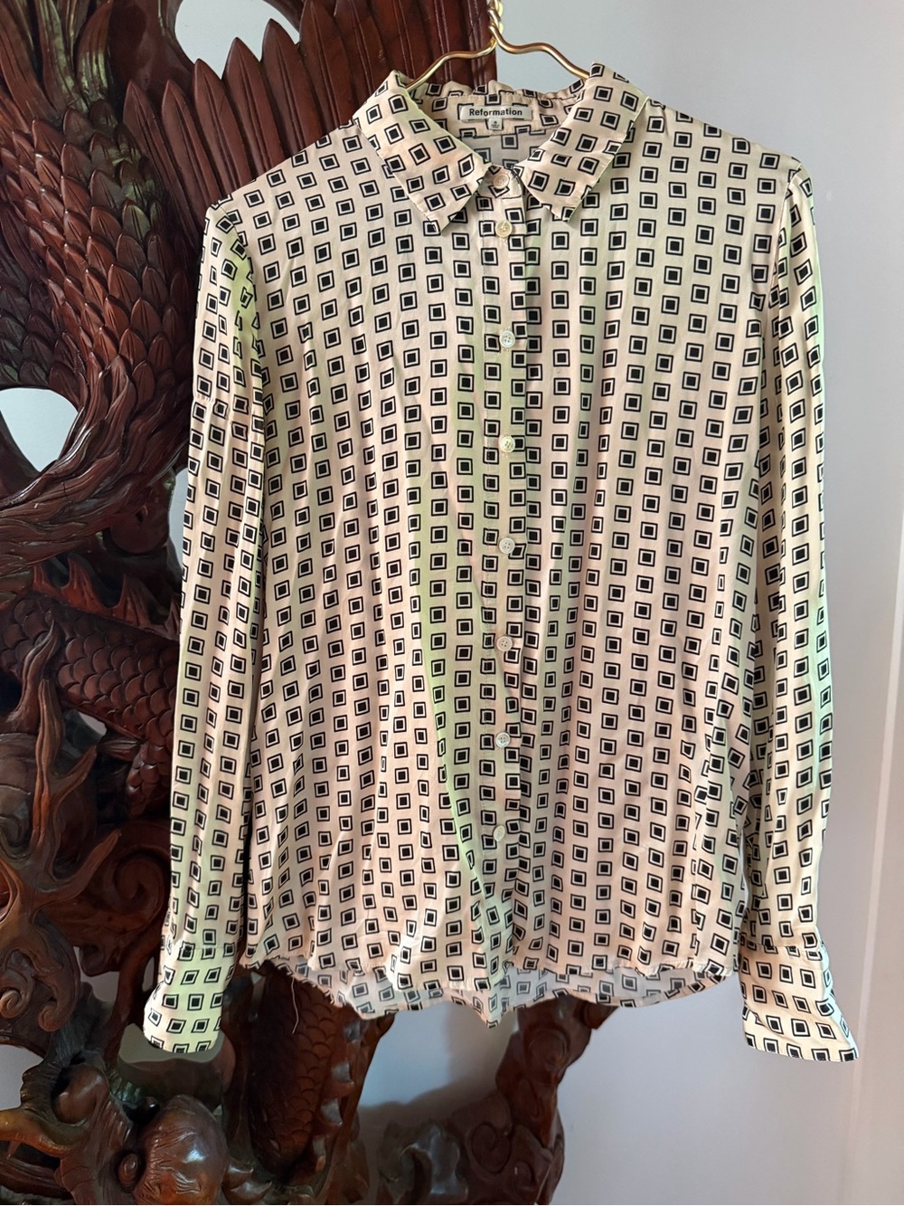 REFORMATION Sky Button down Silk blouse in Geometric Bernini pattern